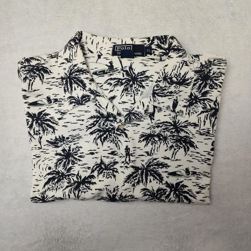 Polo Ralph Lauren Polo Shirt Mens XL White Hawaiian Floral Palm Tree USA Made